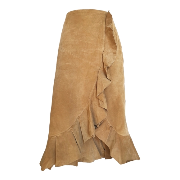 NWOT Moda International tan suede leather skirt ruffle mermaid cut - Picture 1 of 9